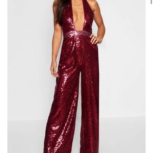 Petite sequin wide leg jumpsuit and halter